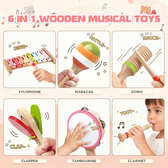 Baby Musical Instruments - Montessori Wooden Musical Toys for Toddlers 1-3, Xylophone Maracas Tambourine Percussion Set, Kids Preschool Music Learning Toys, Educational Birthday Gifts (Rainbow)