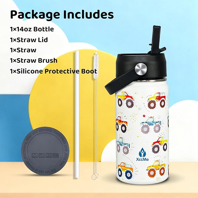 14oz Truck Kids Water Bottle With Straw Lid,Insulated Double Wall Leak Proof & BPA-Free Kids Water Bottle,Stainless Steel Tumbler for Toddlers,Metal Bottle for School Boys Girls