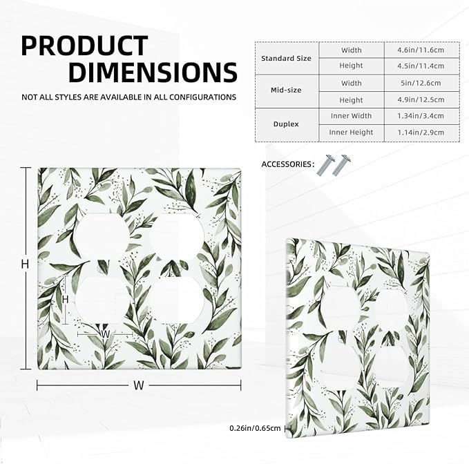 Green Leaf Olive Leaf Sage Floral Outlet Covers 2 Gang Double Duplex Decorative Light Switch Covers Electrical Wallplates Socket Faceplate for Bedroom Living Room Decor