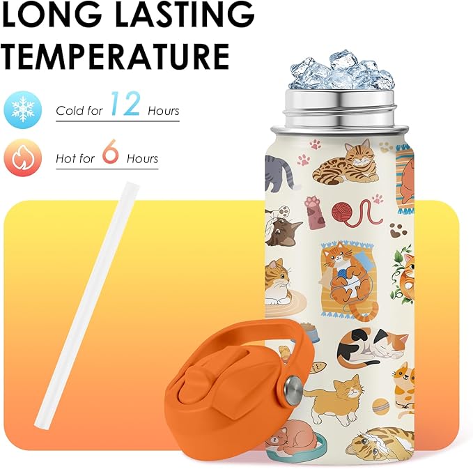 Cat Gifts for Kids - 16 Oz Orange Cat Water Bottle with Straw Lid, Stainless Steel Insulated Tumbler, Leak Proof, for Boys & Girls, School, Travel - Funny Cats Lovers Children Birthday Gifts Cups(1pc)