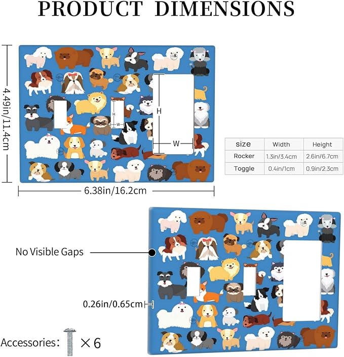 Cute Animal Dogs Puppy Decorative Outlet Cover 2 Toggle 1 Rocker Light Switch Plate Cover Electricity Receptacles Plates For Home Kitchen Living Bedroom 6.38 * 4.5
