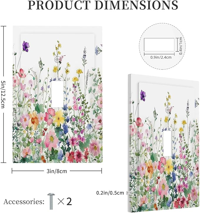 Decorative Light Switch Cover Boho Colorful Flowers Plant Rustic Wildflower 1 Gang Single Toggle Device Electrical Faceplate Switchplates Decorator Outlet Wallplate for Bed Room Bathroom