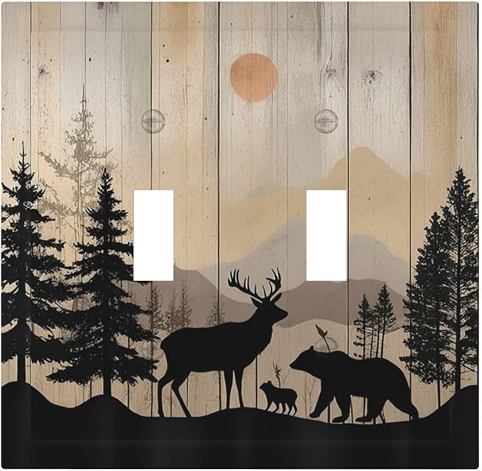 Decorative Switch Plates Wood Board Wildlife Cute Bear Deer Forest Rustic 2 Gang Double Toggle Outlet Light Switch Cover Wall Plate Electrical Faceplate for Bathroom Farmhouse Decor