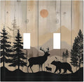 Decorative Switch Plates Wood Board Wildlife Cute Bear Deer Forest Rustic 2 Gang Double Toggle Outlet Light Switch Cover Wall Plate Electrical Faceplate for Bathroom Farmhouse Decor