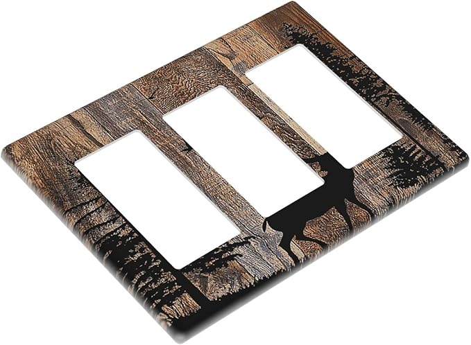 Light Switch Covers Rustic Forest Antler Elk Deer Silhouettes Animals Wood Grain 3 Gang Rocker Electrical GFCI Decorative Triple Outlet Wall Plate Cover Switchplate for Farmhouse Home Decor
