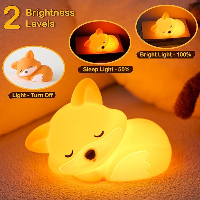 VoMii Fox Night Light for Kids, Cute Fox Lamp Silicone Baby Nursery Night Lamp, Dimmable Squishy Touch Bedside Lamps, Adorable Rechargeable Animal Lamps Gifts Kawaii Room Decor for Kids Girls Boys