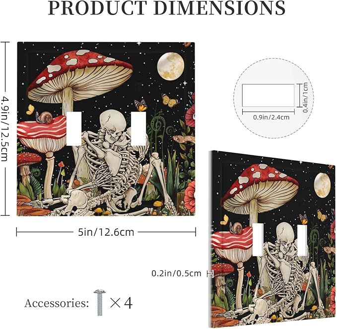 Mushroom Skull Skeleton Moon 2 Gang Double Toggle faceplate Decorative Light Switch Cover Star Plants Flora Electrical Switchplate Faceplate for Kitchen Bedroom Bathroom Standard Size