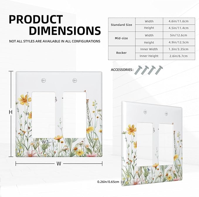 Decorative Outlet Covers Rustic Colorful Floral Butterfly Watercolor Flowers 2 Gang Double Rocker Light Switch Cover Decorative Switch plates Electrical Wallplates GFCI Receptacle for Bathroom Bedroom
