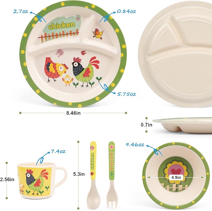 Kids Dinnerware Set, 5-Piece Mealtime Tableware for Children & Toddlers – Includes Divided Plate, Bowl, Cup, Fork & Spoon – Natural Bamboo Fiber, BPA-Free, Dishwasher Safe (Chicken Family)