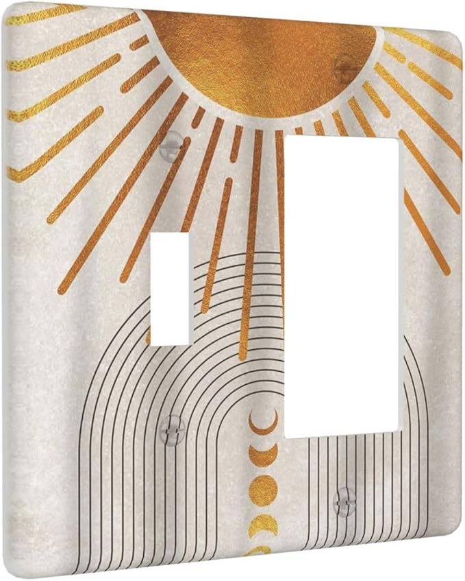 Mid Century Gold Sun Abstract Arch Boho Moon 2 Gang Single Toggle Rocker Combination Light Switch Cover Unique Decorative Wall Plate Cover Electrical Faceplate Switchplate for Bedroom Decor