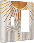 Mid Century Gold Sun Abstract Arch Boho Moon 2 Gang Single Toggle Rocker Combination Light Switch Cover Unique Decorative Wall Plate Cover Electrical Faceplate Switchplate for Bedroom Decor