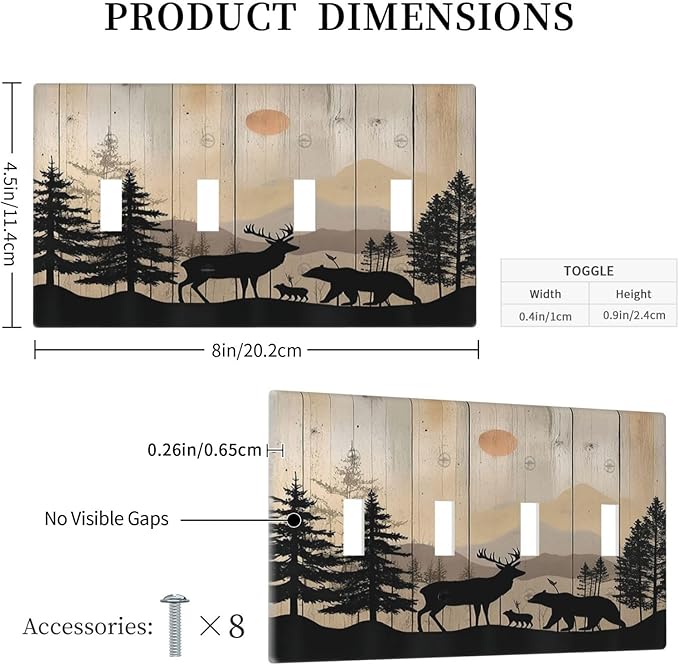 Light Switch Covers Wood Board Wildlife Cute Bear Deer Forest Rustic Quad Toggle Electrical Faceplate 4 Gang Wall Plate Decorative Switch Plates for Bathroom Farmhouse Decor
