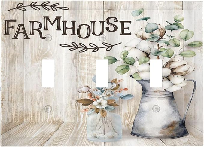 Decorative Switch Plate Covers Farmhouse Floral Cotton 3 Gang Light Switch Cover Rustic Country Flower Triple Toggle Wall Plate Electrical Faceplate for Country Bathroom Bedroom Home Decor
