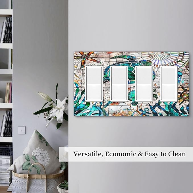 Nautical Tropical 4 Gang Screwless Quad Decorator Wall Plate Green/Blue Sealife Ocean Turtle Anchor Beach Electrical Quadruple Device Rocker/Gfci Dimmer Receptacle Outlet Light Switch Cover Face Plate