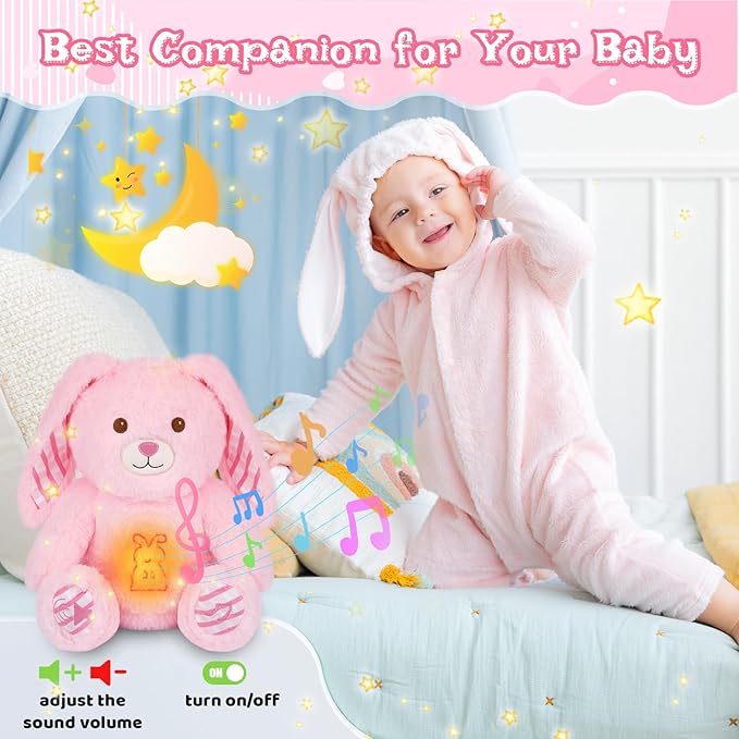 Breathing Stuffed Animal - 13" Pink Bunny Plush Baby Toy, Soothing Sound Machine with Music Lights & Breathing Motion for Kids Boys Girls