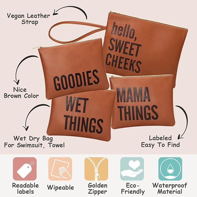 MOMINSIDE Baby Diaper Bag Organizer, Water Resistant Wet Bags Set of 4 Leather Diaper Clutch,Diaper Bag Organizing Pouches Packing Cubes, Cloth Diaper Wet Dry Bags for Daily Use Travel Vacations