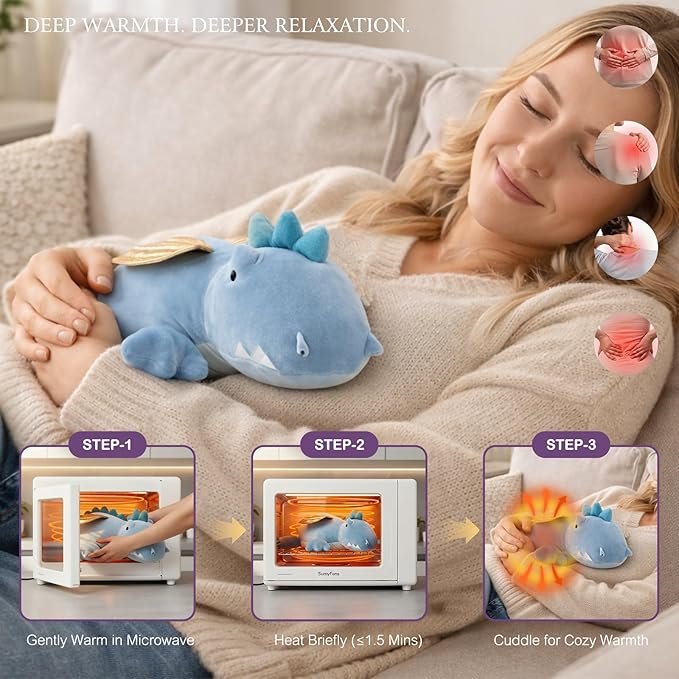 KOWSI® Microwavable Heating Pad Blue Winged Dragon Plush - 1.4 Lb Weighted Stuffed Animal Toy with Tourmaline Beads & Lavender - 16" Squished Long Dinosaur Pillow - Lumbar Back Cushion Lasting Warmth
