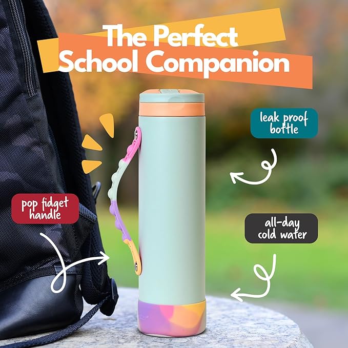 Elemental Iconic Kids Water Bottle for School - 100% Leak-Proof Insulated Water Bottles with Straw Lid & Pop-It Handle for Boys & Girls - Triple-Wall Insulated & BPA-Free, 20oz – Mint Sorbet