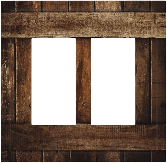 Brown Wooden Barn Door Old Wood Print Decorative Outlet Covers 2 Gang Double GFCI Rocker Electrical Wall Panels Light Switch Cover Plate for Farmhouse Home Decor