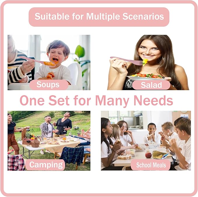 4 Sets Wheat Straw Utensils Reusable Travel Utensils Set,Portable Cutlery Set with Case Spoon Knife Fork Tableware Lunch Box Bulk for Adults Travel Picnic Camping Utensils Gifts (Pink)