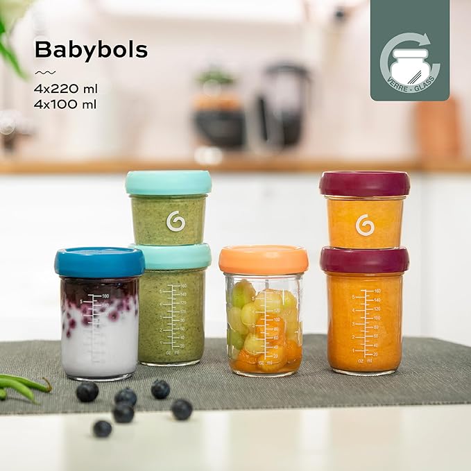 Babymoov Baby Glass Food Jars, Set of 8 (4 x 4oz + 4 x 8oz), BPA-Free Borosilicate Glass Storage Containers, Leakproof Lids, Microwave, Freezer & Dishwasher Safe, Baby Registry Essential