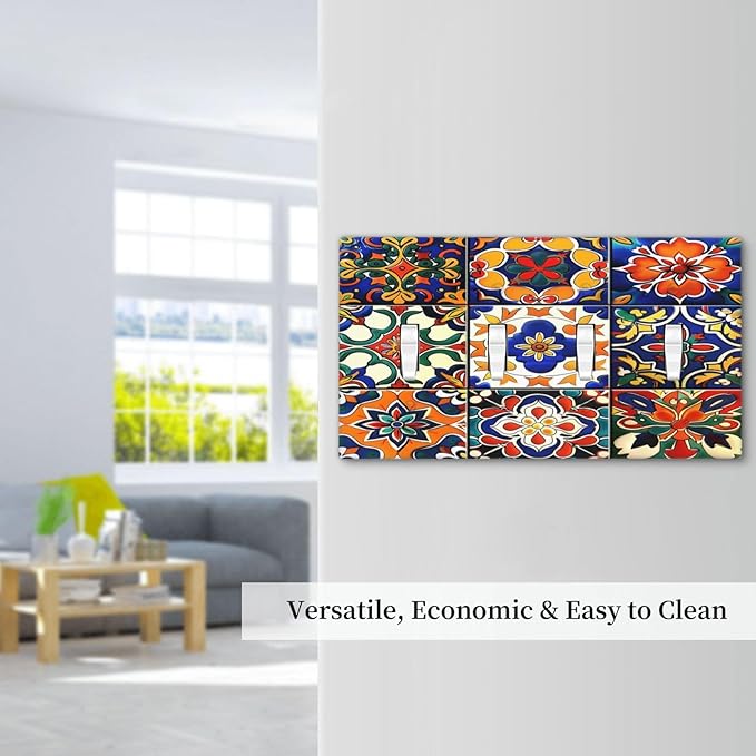 Light Switch Covers Colorful Mexican Talavera Vintage Boho Floral Quad Toggle Electrical Faceplate 4 Gang Wall Plate Decorative Switch Plates For Farmhouse Cabin Decor