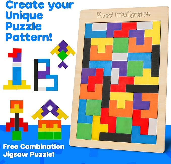 Skrtuan Wooden Hexagon Puzzle for Kid Adults Pattern Blocks Brain Teasers Tangram Puzzles Toy Jigsaw Board Geometry Logic IQ Travel Game STEM Montessori Educational Toys Gift, Puzzle Set, 4 Pack