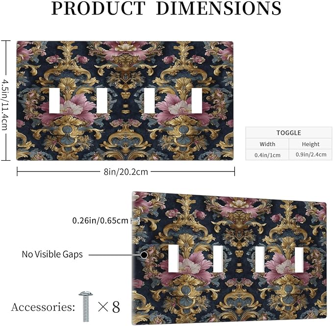 Decorative Light Switch Cover Plate Rococo Pink Floral Flower Gold Leaf 4 Gang Wall Plates for Electrical Outlets Quad Toggle Switch Plate Covers Outlet Covers Faceplate for Home Decor