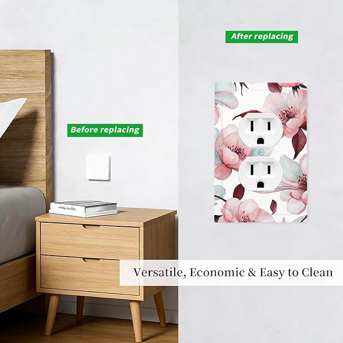 Watercolor Pink Cherry Blossom & Floral Burst Duplex Wall Plate - 1-Gang Standard US Size Romantic Floral Escape Outlet Covers for Bathroom Bedroom Vanity Decor