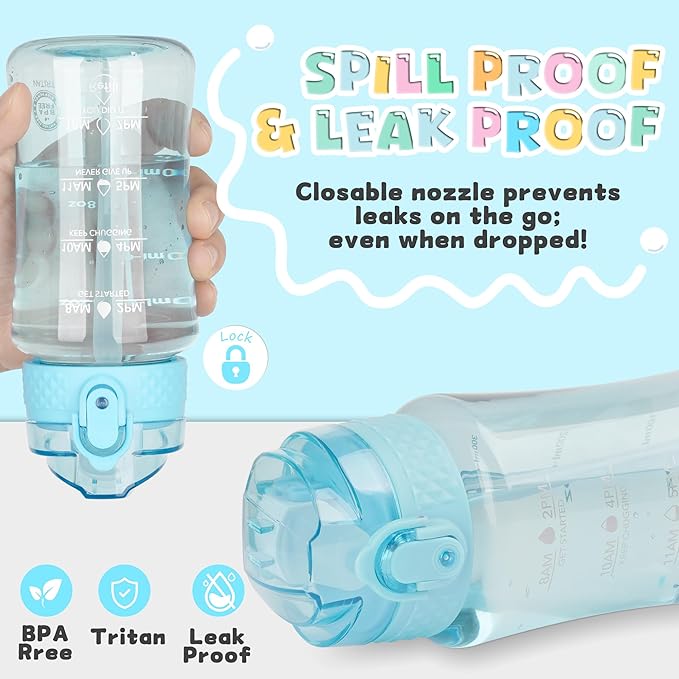 OLDLEY 12oz Kids Water Bottle for School - Motivational With Silicone Straw, Leak-Proof Tritan BPA-Free, Reusable for Girls Boys, Slate Blue