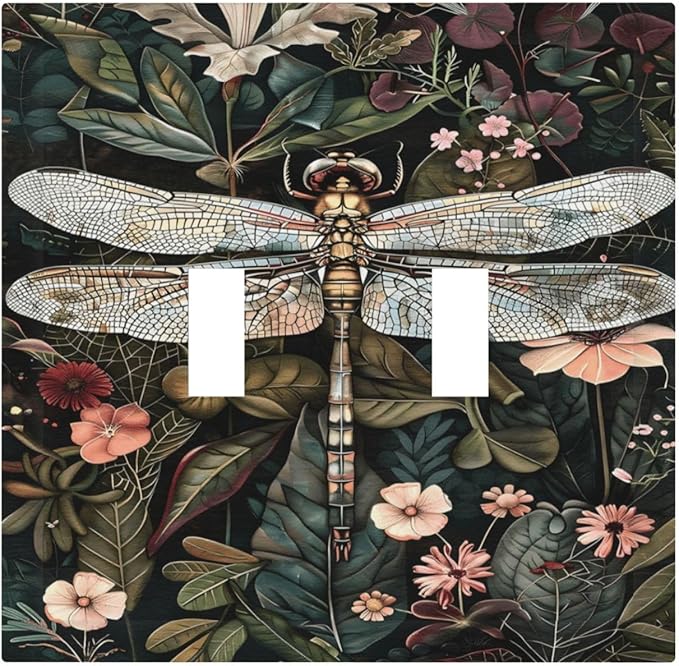 Vintage Dark Green Dragonfly Flowers Floral Botanical Decorative Switch Plates 2 Gang Double Toggle Outlet Light Switch Cover Wall Plate Electrical Faceplate for Farmhouse Home Decor