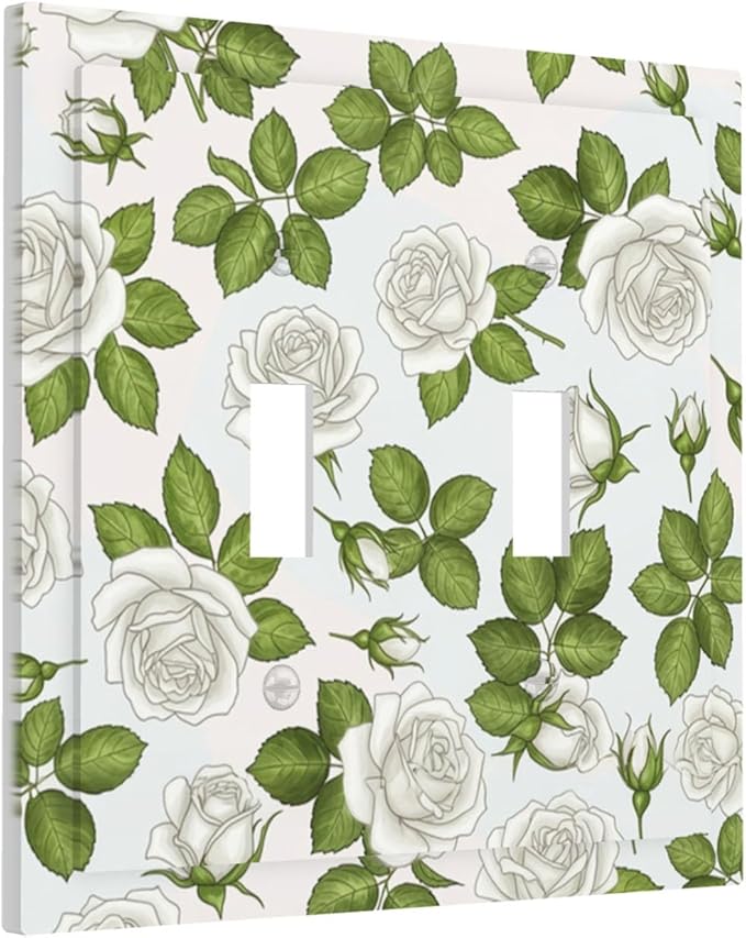 Elegant White Roses & Green Leaves Floral Double Toggle Switch Cover - 2-Gang Standard US Size Timeless Rose Garden Light Switch Covers for Bathroom Bedroom Vanity Decor