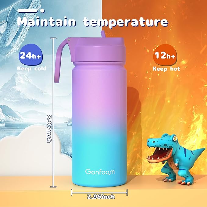 Kids Water Bottle, 2-Pack 16oz Water Bottles with Stickers and Straw, Stainless Steel Vacuum Insulated cup, Kids Water Bottle for School, Gifts for Boys and Girls(Purple/Green)