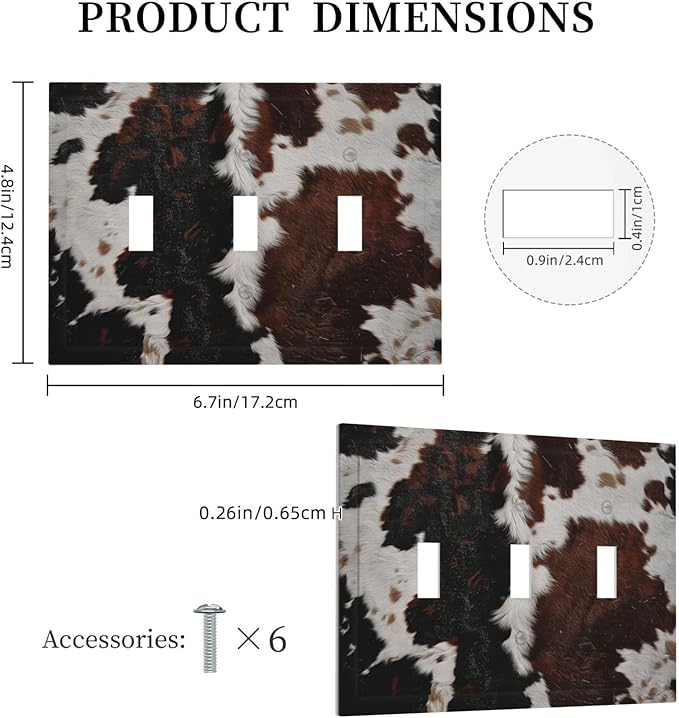 Cowhide Print Abstract Animal Fur Rustic Decorative Switch Plates 3 Gang Wall Plate Triple Toggle Light Switch Cover Faceplate Electrical Wall Panels for Farmhouse Home Decor