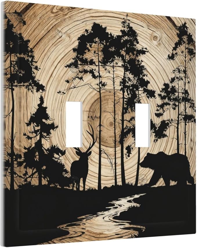 Rustic Forest Antler Black Bear Deer Silhouettes Decorative Switch Plates 2 Gang Double Toggle Outlet Light Switch Cover Wall Plate Electrical Faceplate for Farmhouse Home Decor