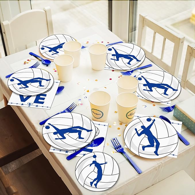 Wiooffen 96 Pcs Volleyball Party Plates Napkins Tableware Set Volleyball Birthday Supplies Disposable Dinnerware Sports Theme Party Decoration Favors for Baby Shower, 24 Guests