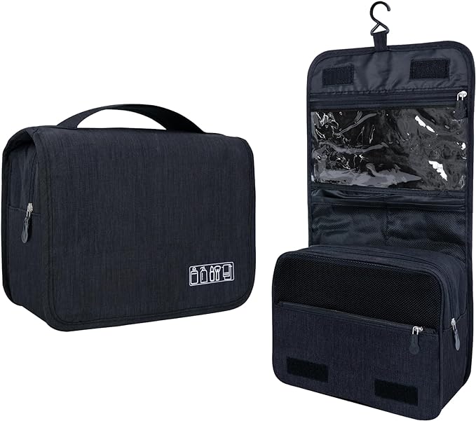 Lcsmaokin Large Capacity Toiletry Bag Travel Bag with Hanging Hook for Men and Women Waterproof Travel Cosmetic Bag Bathroom Storage Bag for Brushes Set,Full-Sized Shampoo,Toiletries,Accessories-Black