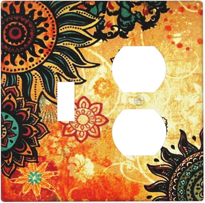 Red Mandala Boho Flower Bohemian Floral Combination 1-Toggle 1-Duplex Receptacle 2 Gang Wall Plate, Burnt Orange Sun Sunflower 2 Gang Combo Single Toggle/Light Switch One Duplex Outlet Faceplate Cover