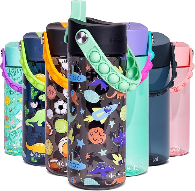 Elemental Water Bottles for Kids - Splash Kids Water Bottle for School with Pop-it Handle - BPA Free Tritan Plastic Water Bottle with Straw Leak Proof when Spout is Closed - Space Dinosaur - 18oz