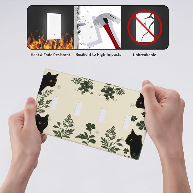 Decorative Light Switch Cover Plate Funny Black Cat Green Leaf 4 Gang Wall Plates for Electrical Outlets Quad Toggle Switch Plate Covers Outlet Covers Faceplate for Bedroom Home Decor