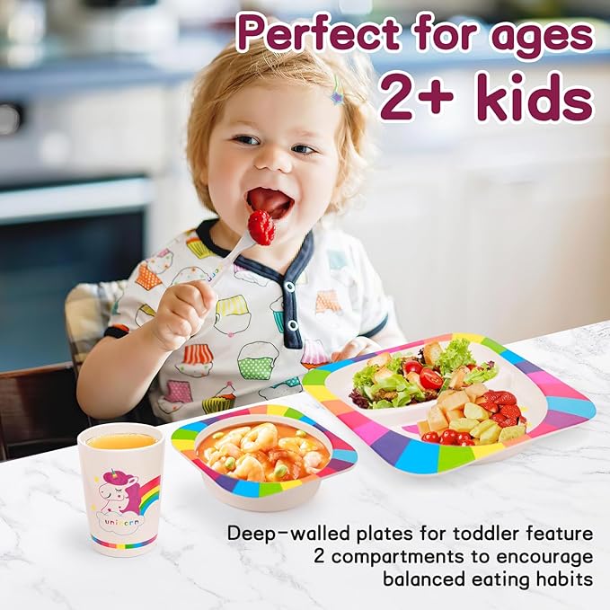 Kids Dinnerware Set, 5-Pieces Includes Divided Plate Bowl Cup Fork Spoon Utensils, BPA Free Bamboo Fiber Material Perfect for Girls (Unicorn)