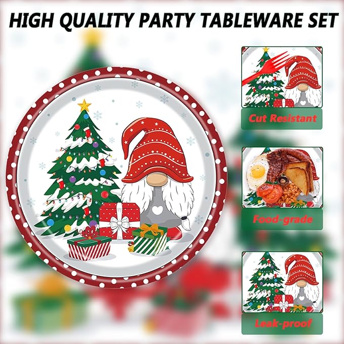 72Pcs Christmas Gnomes Plates and Napkins, Xmas Tree Paper Plates Santa Claus Party Supplies Disposable, Merry Christmas Themed Dessert Tableware Set for Xmas Holiday Winter Party Table Decorations