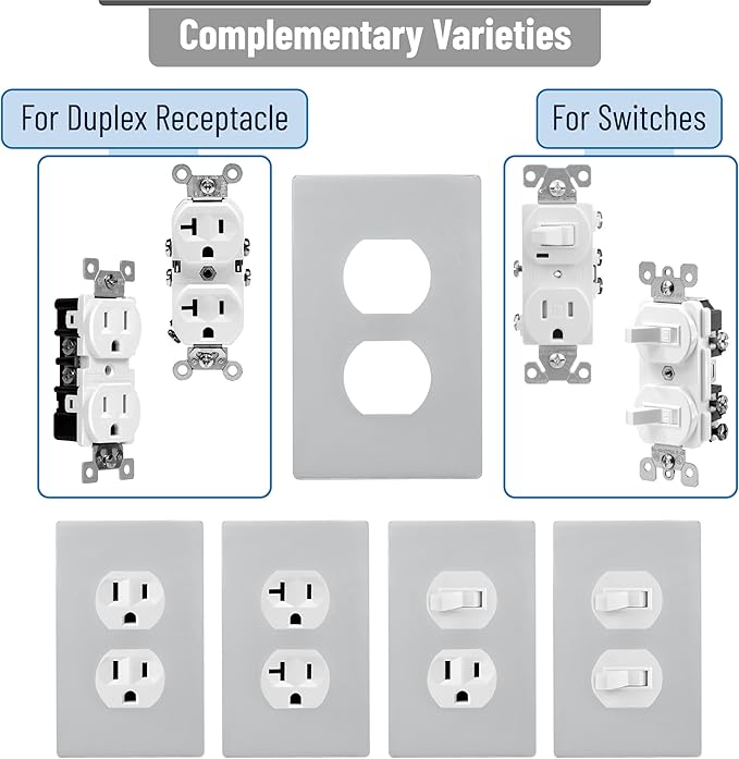 Bates- Screwless Duplex Wall Plate, Standard Size, 4.68" x 2.9", 6 Pack, Silver, 1-Gang Child Safe Receptacle Outlet Cover, Unbreakable Polycarbonate Thermoplastic