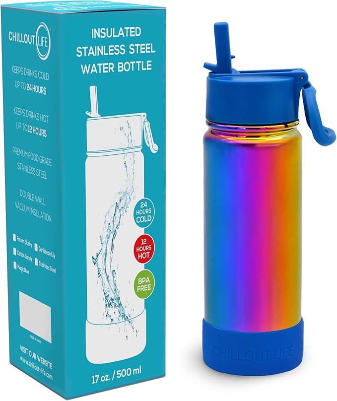 CHILLOUT LIFE 17 oz Kids Insulated Water Bottle for School with Straw Lid Leakproof and Cute Waterproof Stickers, Personalized Stainless Steel Thermos Flask Metal Water Bottle, Dishwasher Safe Color