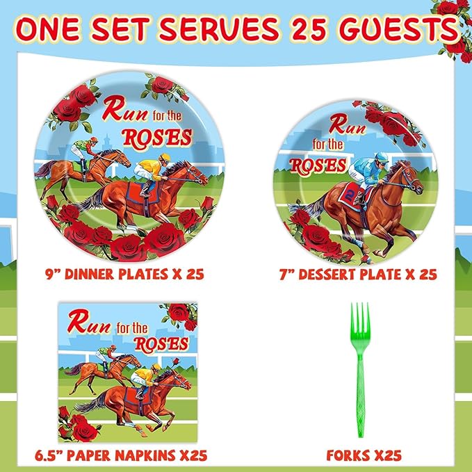 Qyeahkj 100 Pcs Kentucky Party Supplies Derby Day Tableware Set Run for The Roses Party Plates Napkins Forks Disposable Horse Racing Decorations for Equestrian Enthusiasts Race Day Serves 25