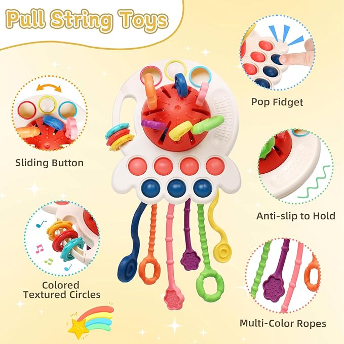 Baby Toys 6-12 Months, 6 in 1 Montessori Toys for Toddlers 1-3, Infant Sensory Pull String Toy, Fidget Spinners Soft Baby Blocks Stacking Cups, Baby Gifts for 1 Year Old