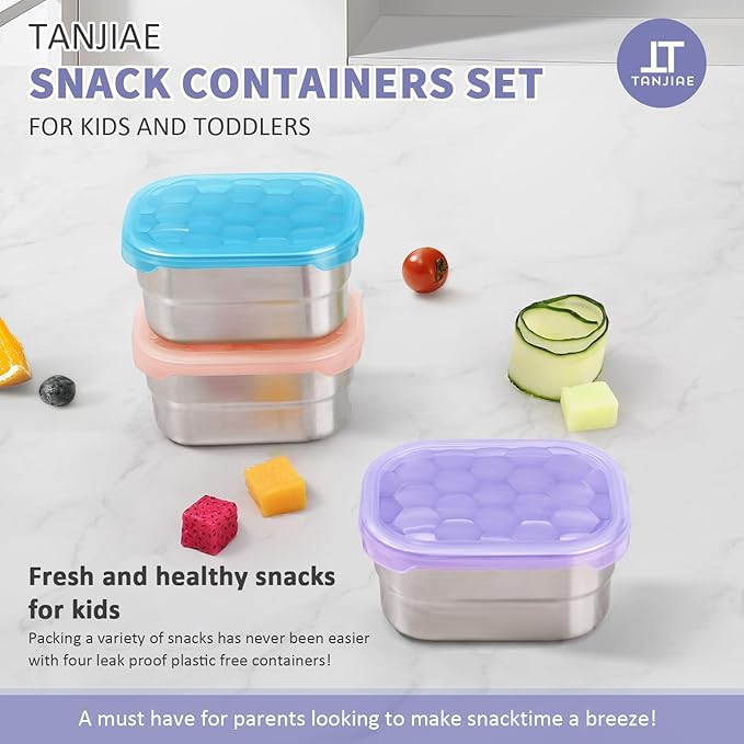 Tanjiae Snack Pro - Small (1 CUP) Stainless Steel Snack Containers for Kids | Easy Open Leak Proof Food Containers with Silicone Lids - Perfect Metal Toddler Lunch Box for Daycare and School (8oz*3)