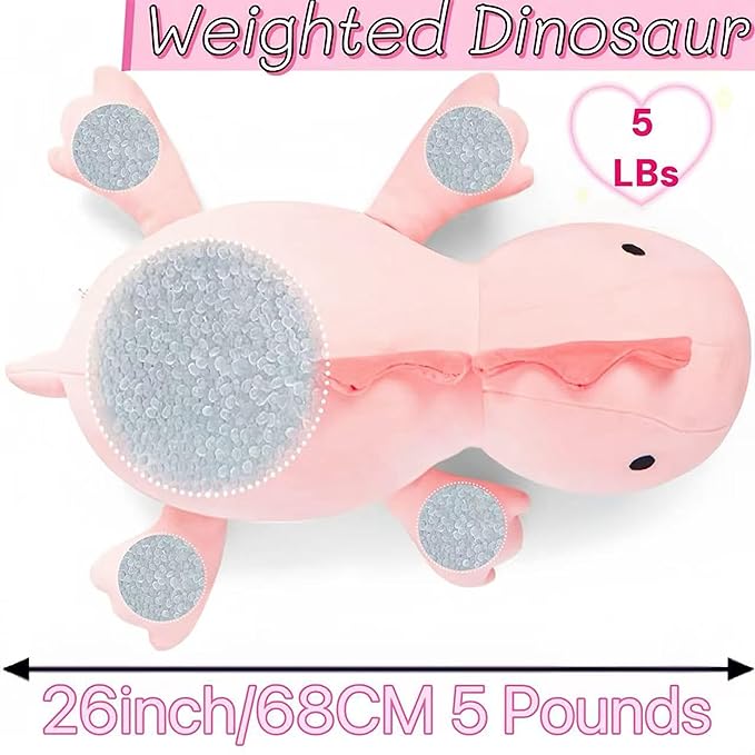 JOD® Weighted Dinosaur Stuffed Animals, Dinosaur Weighted 5 lbs, 26" Large Weighted Plush Animal, Cute Plush Toy Pillow, Soft Dino Plushie Gifts for Adults, Boys & Girls (66 CM Pink)
