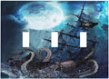 Starry Moon Night Ocean Nautical Octopus 3 Gang Light Switch Plates Decorative Triple Toggle Wall Plate Monster Pirate Ship Outlet Cover Electrical Faceplate Boy Man Room Cool Decorate