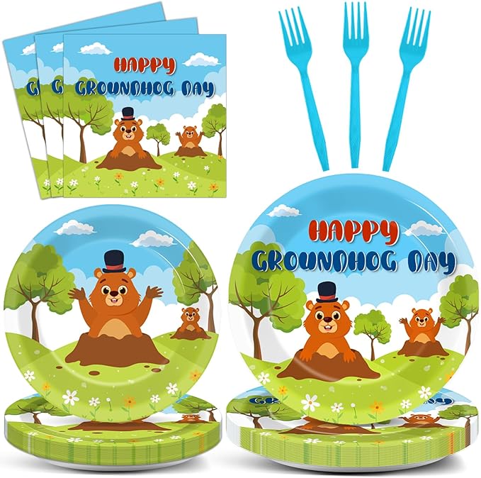 96 Pcs Groundhog Day Plates and Napkins Party Supplies Cute Animals Happy Groundhog Day Decor Tableware for 24 Guests Peeking Out Hole Weather Forecast Spring February 2nd Birthday Party Decorations